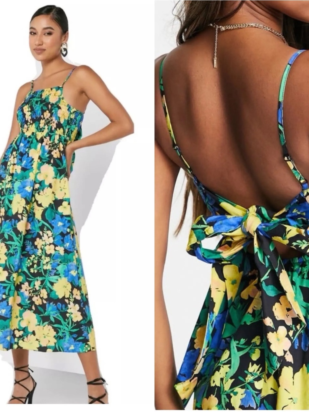 Topshop 100% Cotton Poplin Bold Floral Smocked Spaghetti Strap Midi Dress